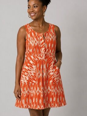 J.Crew Orange Ikat Print Sleeveless Shift Dress Pockets Textured Cotton Blend